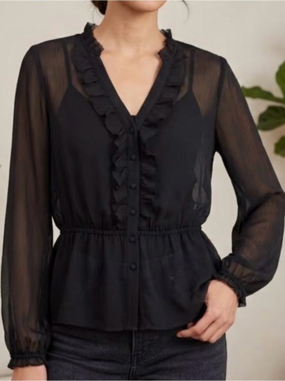 Jonathan Martin Black Chiffon V-Neckline Ruffled Trim Blouse Large